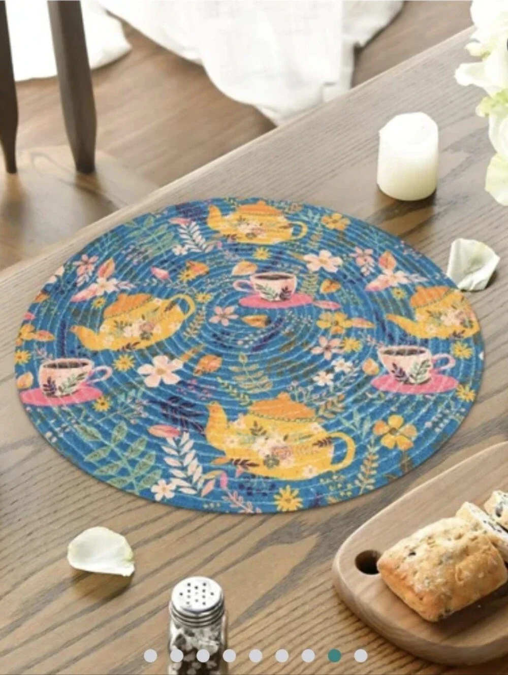 (Set of 4) Colorful Round Placemats Jute Made In India Teapot & Teacup Floral